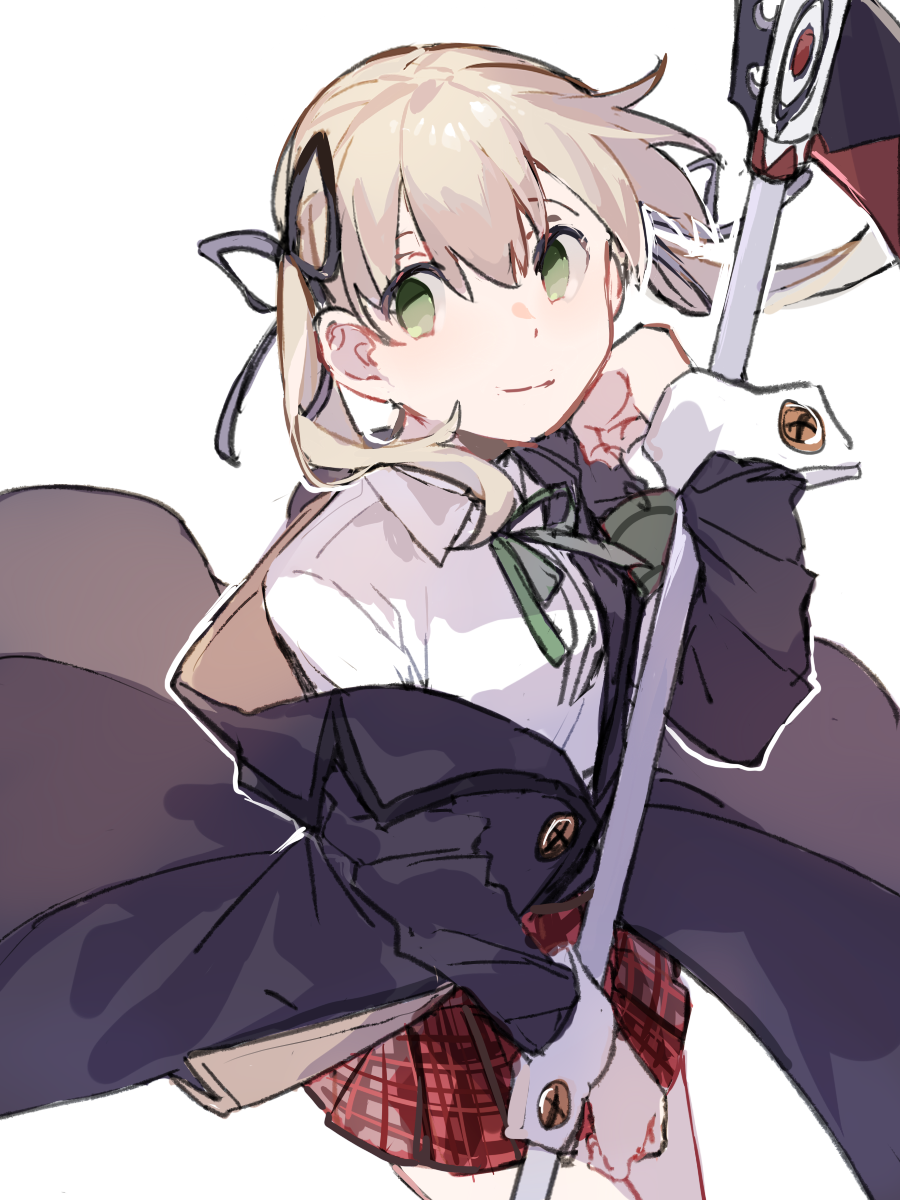 1girl, black_ribbon, blonde_hair, caddy_cyd, coat, collared_shirt, green_eyes, hair_ribbon