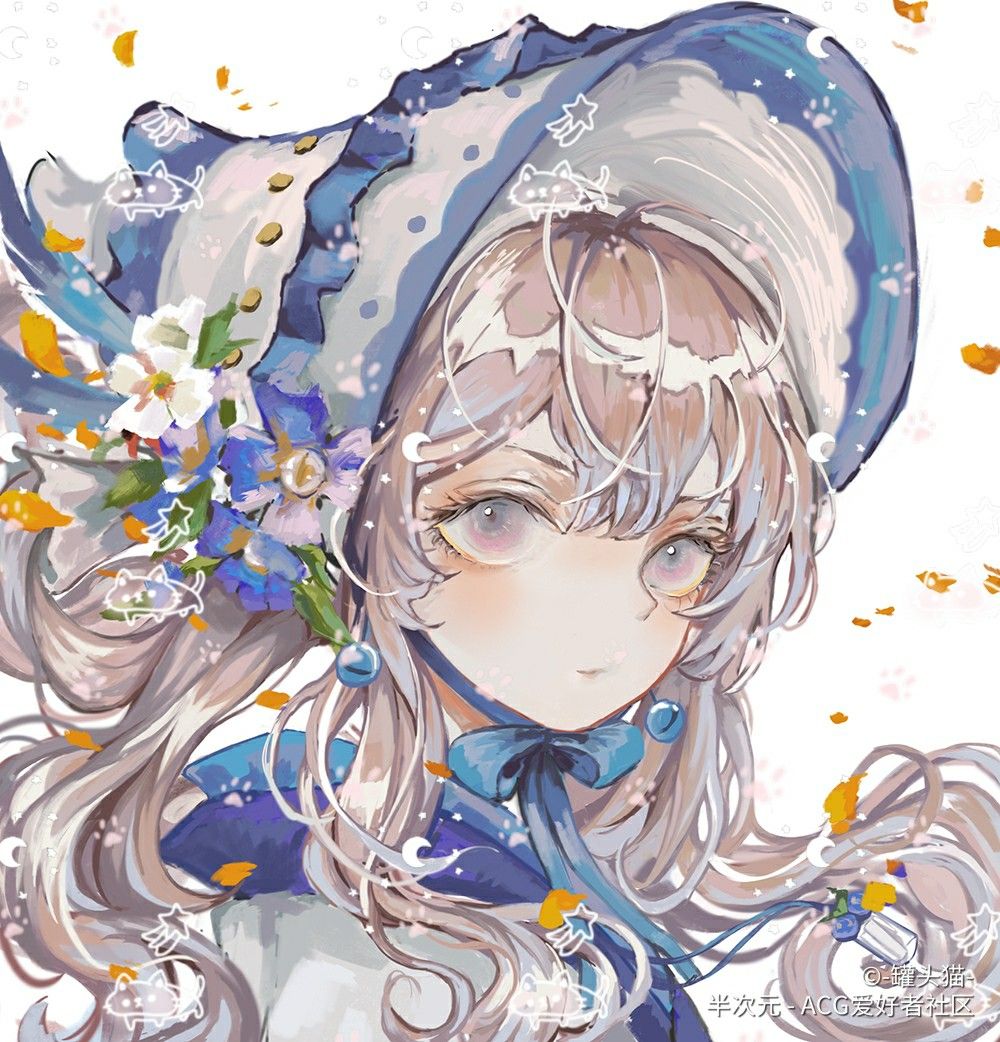 1girl, bcy_username, blue_collar, blue_flower, blue_hat, blue_ribbon, blue_shirt, bonnet