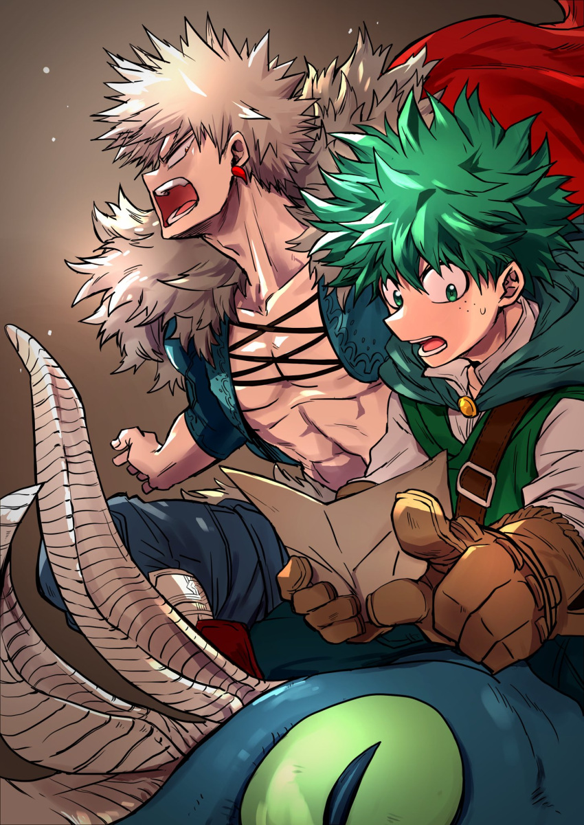 2boys, 2nd_popularity_poll_(boku_no_hero_academia), abs, adam's_apple, alternate_eye_color, alternate_universe, aqua_cape, bakugou_katsuki