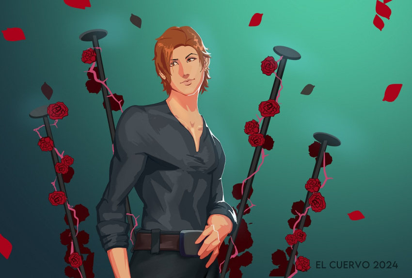 el_cuervo, falling_petals, flower, genderswap, genderswap_(ftm), gradient_background, green_background, grey_shirt