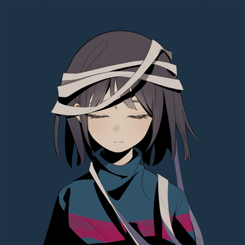 1other, androgynous, bandages, blue_background, brown_hair, closed_eyes, frisk_(undertale), guangchenren