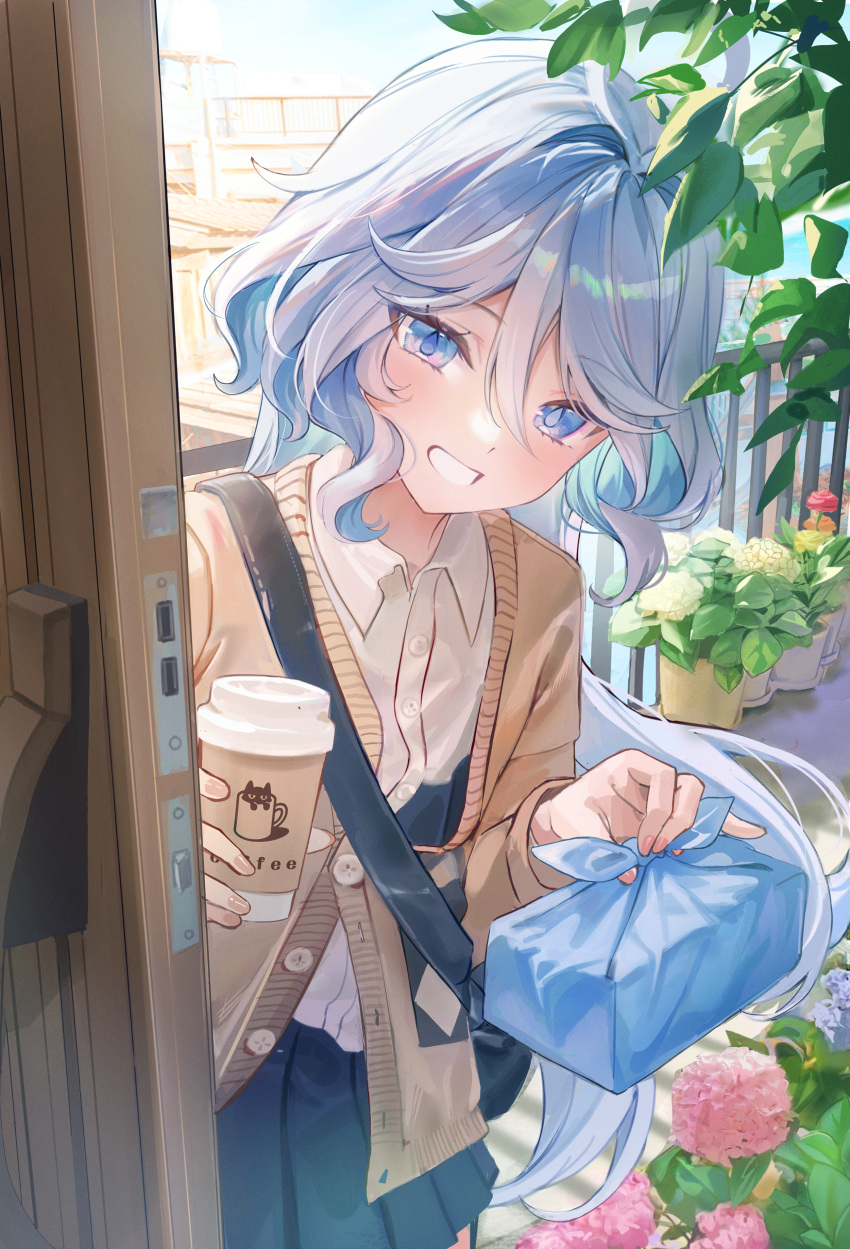 1girl, absurdres, alternate_costume, bag, bento, blue_eyes, blue_hair, blue_skirt