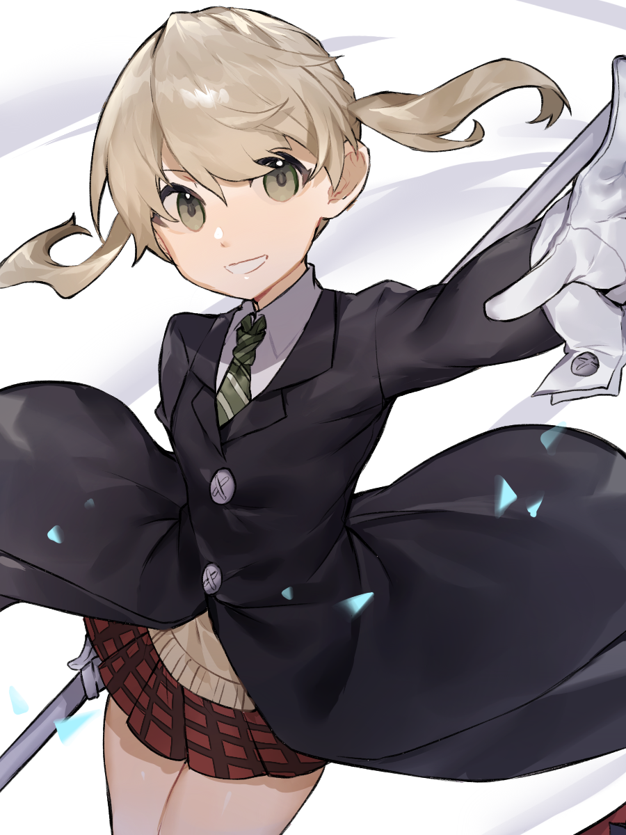 1girl, blonde_hair, caddy_cyd, coat, collared_shirt, green_eyes, hair_between_eyes, highres, holding, holding_scythe, long_hair, long_sleeves, looking_at_viewer, maka_albarn, necktie, plaid, plaid_skirt, reaching, reaching_towards_viewer, scythe, shirt, simple_background, skirt, smile, solo, soul_eater, standing, twintails