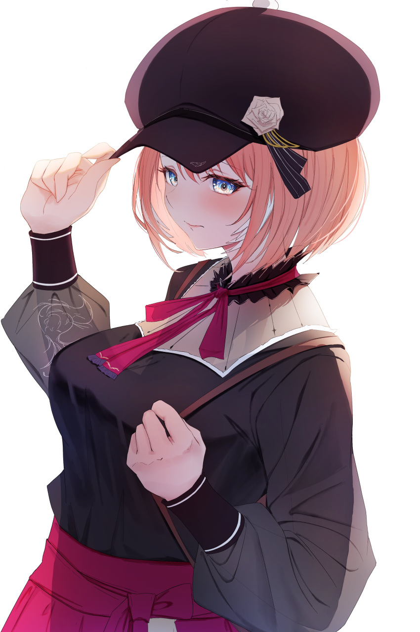 1girl, absurdres, black_hat, blouse, blue_eyes, breasts, collar, flower