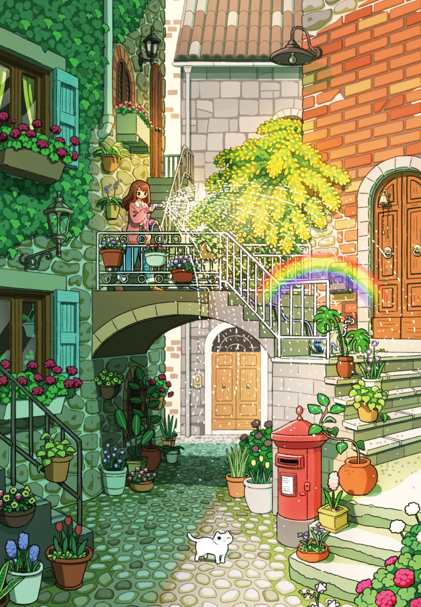 1girl, brick_wall, brown_hat, building, cat, duplicate, flower, highres