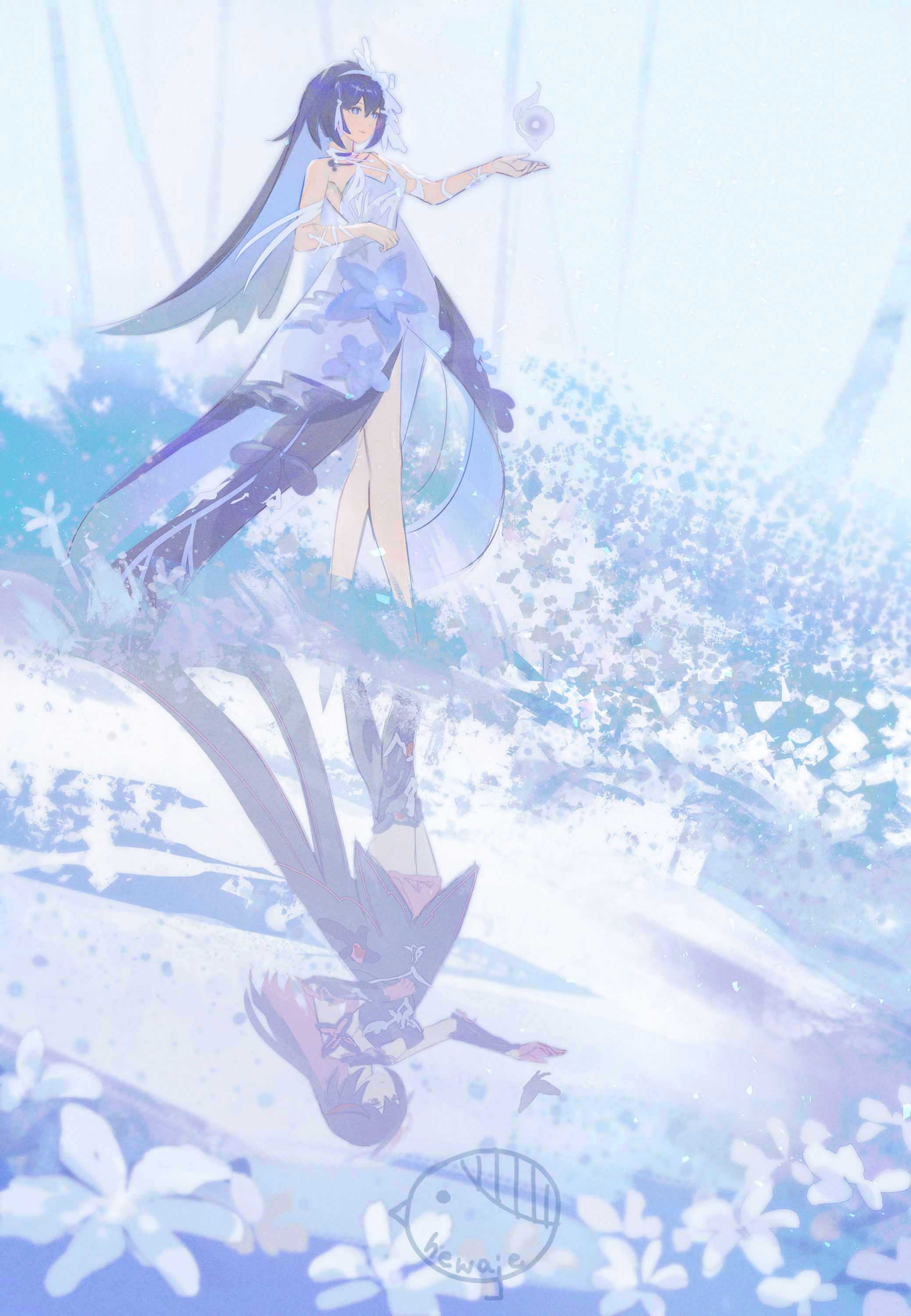 2girls, absurdres, arm_guards, black_dress, black_footwear, blue_eyes, blue_hair, boots