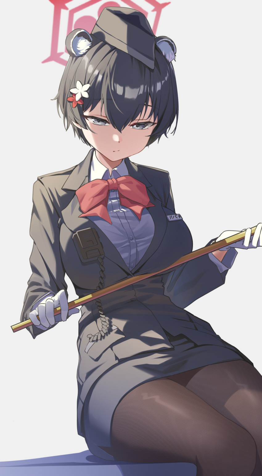 1girl, animal_ears, black_eyes, black_hair, black_hat, black_pantyhose, black_skirt, blue_archive