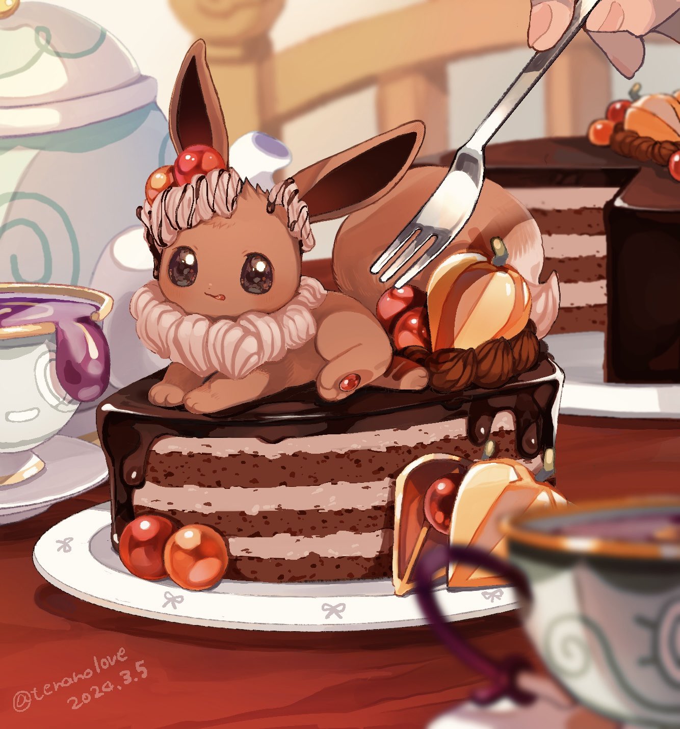 amezawa_koma, animal_focus, black_eyes, blurry, blurry_background, blurry_foreground, cake, cake_slice, chocolate_cake, commentary, creature_as_food, cup, dated, depth_of_field, eevee, food, fork, from_side, highres, holding, holding_fork, looking_at_viewer, out_of_frame, plate, pokemon, pokemon_(creature), signature, symbol-only_commentary, teacup, tongue, tongue_out, whipped_cream