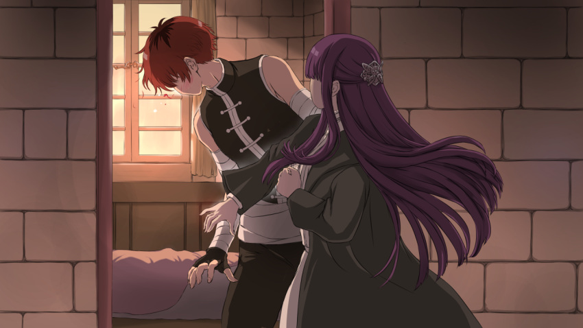 1boy, 1girl, bandaged_arm, bandages, bed, black_coat, black_gloves, black_pants
