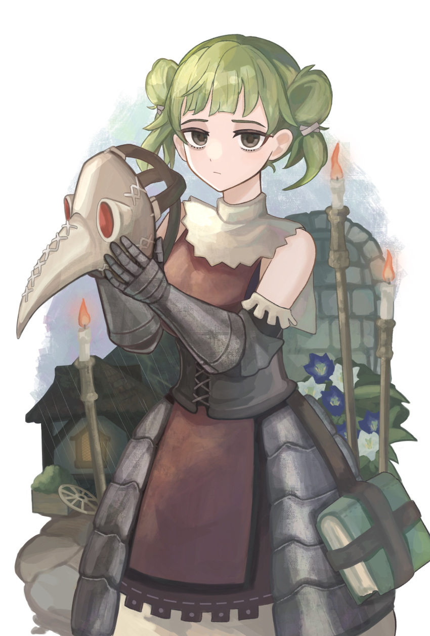 1girl, absurdres, armor, armored_dress, black_corset, black_eyes, blue_flower, book