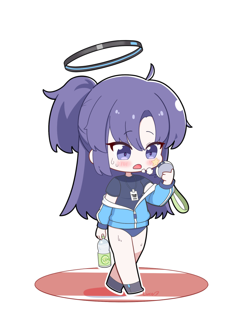 black_shirt, blue_archive, blue_buruma, blue_jacket, blush, bottle, buruma, chibi