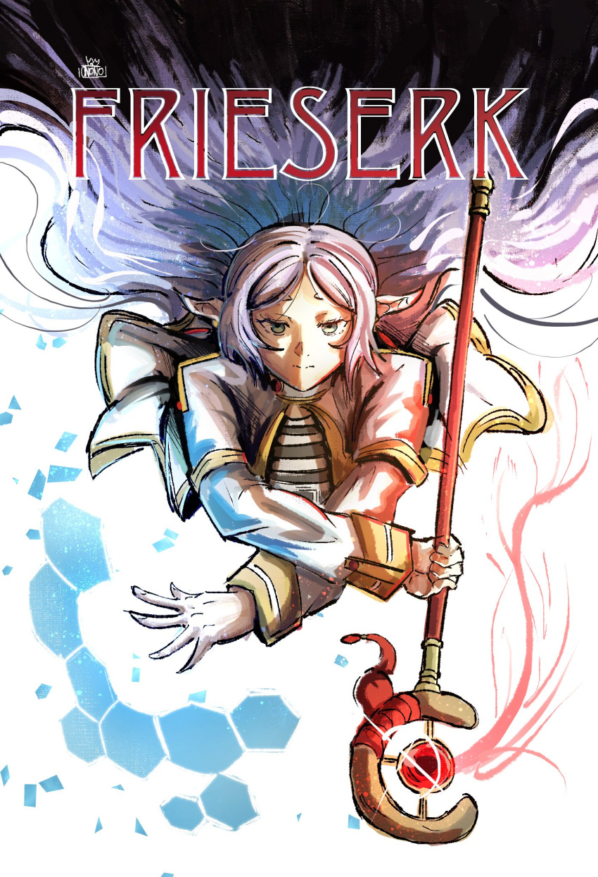 1girl, alternate_hairstyle, berserk, capelet, comic_panel_redraw, commentary, cover, cover_page