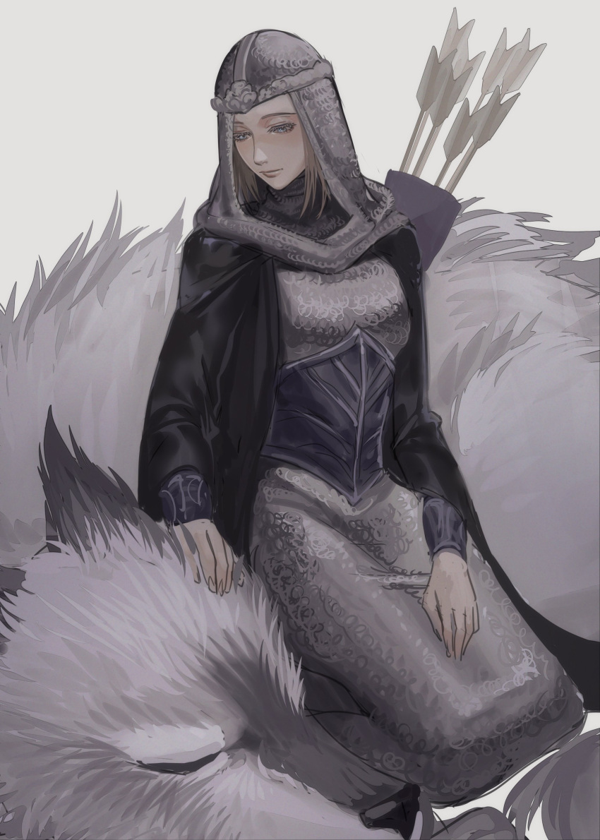 1girl, absurdres, armor, armored_dress, arrow_(projectile), black_cape, blonde_hair, blue_eyes