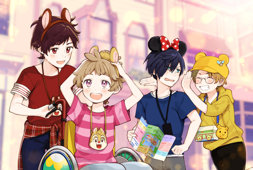 4boys, animal_hairband, arms_up, black_shorts, blonde_hair, blue_eyes, blue_hair, blurry