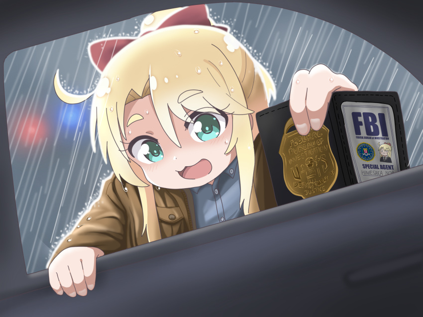 1girl, :3, :d, akaki_aoyama, badge, blonde_hair, brown_jacket, car, commentary_request, dress_shirt, fbi, green_eyes, grey_shirt, hand_up, highres, himesaka_noa, id_card, jacket, motor_vehicle, open_clothes, open_jacket, open_window, outdoors, police, police_badge, rain, shirt, smile, solo, watashi_ni_tenshi_ga_maiorita!, wet, wet_hair, window