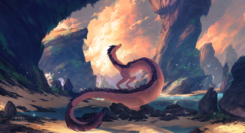 animal_focus, artist_name, blue_sky, clockbirds, clouds, commentary, commission, dragon