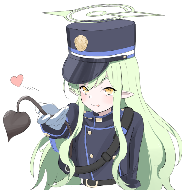 1girl, :q, arm_behind_back, black_jacket, blue_archive, buttons, commentary_request, curly_hair, demon_girl, demon_tail, double-breasted, from_above, gloves, green_halo, grey_hair, hair_between_eyes, hair_rings, halo, hat, heart, highlander_sidelocks_conductor_(blue_archive), holding_own_tail, jacket, long_hair, looking_at_viewer, neika-chan, smile, solo, tail, tongue, tongue_out, upper_body, very_long_hair, white_gloves, yellow_eyes