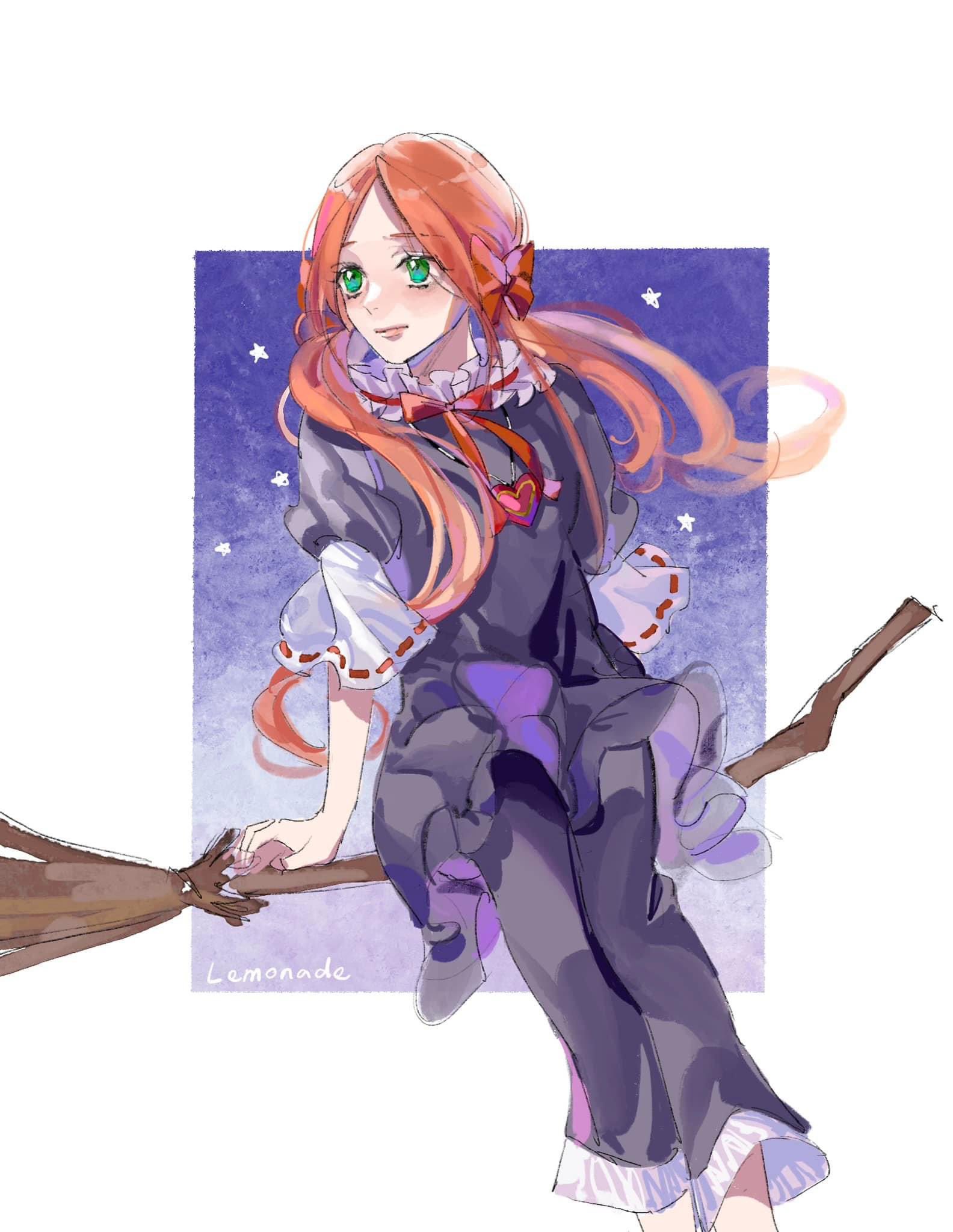 1girl, artist_name, black_pajamas, black_pants, bow, broom, broom_riding, chocolat_meilleure