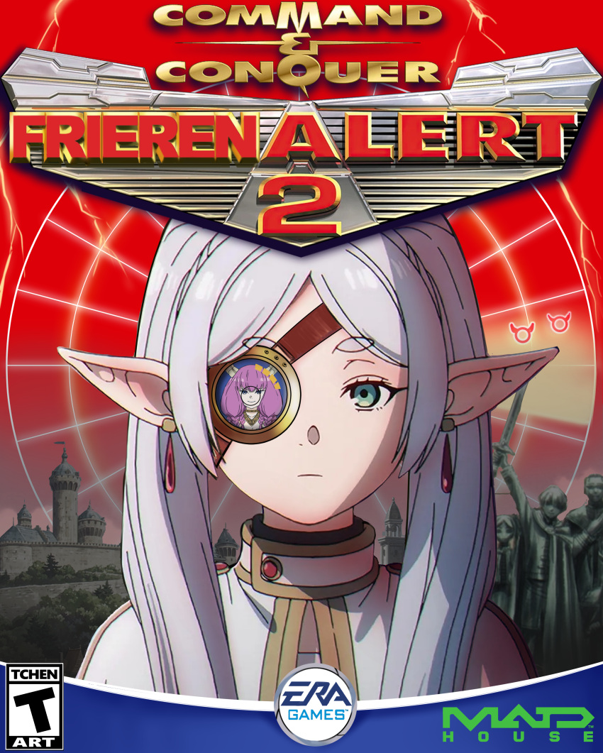 2girls, absurdres, aura_(sousou_no_frieren), braid, brand_name_imitation, cameo, capelet, command_and_conquer:_red_alert_2, commentary, cover, electronic_arts, elf, english_commentary, english_text, esrb, eyepatch, fake_cover, frieren, green_eyes, grey_hair, hair_between_eyes, heiter, highres, himmel_(sousou_no_frieren), long_hair, long_sleeves, looking_at_viewer, madhouse, multiple_girls, parody, parted_bangs, pointy_ears, purple_hair, reflection, sidelocks, sousou_no_frieren, statue, tchenart, thick_eyebrows, video_game_cover, white_capelet
