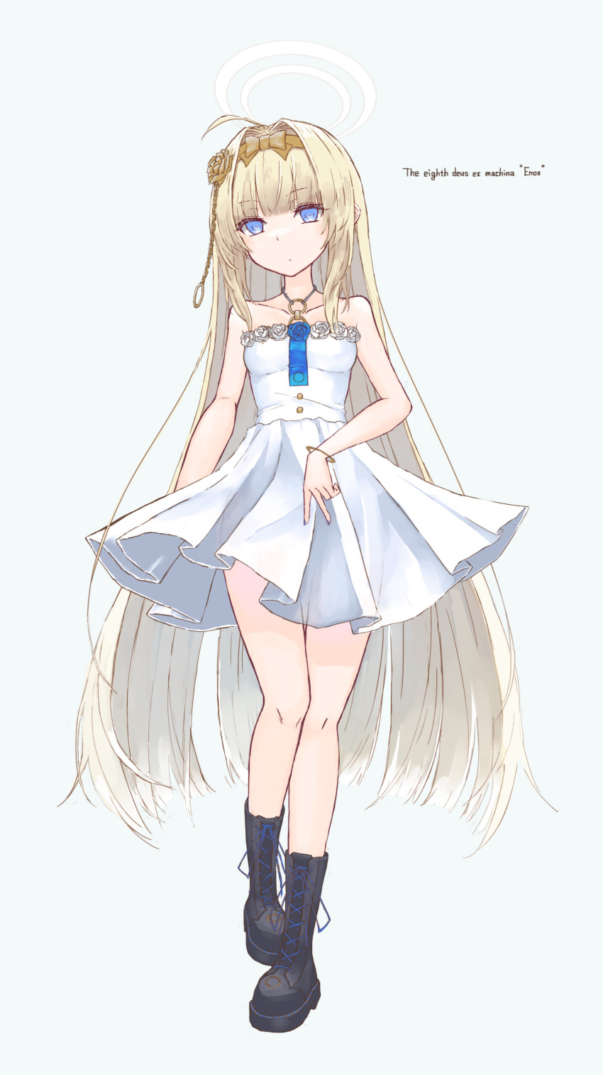 1girl, absurdres, ahoge, black_footwear, blonde_hair, blue_eyes, blue_necktie, boots