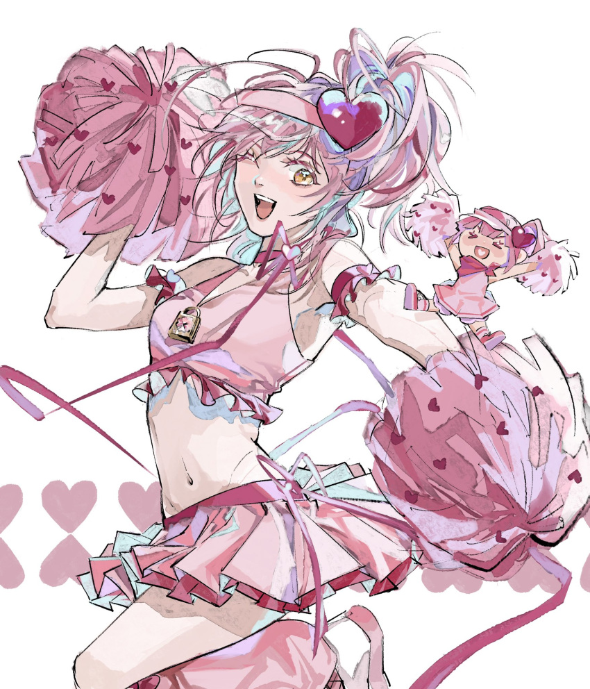 >_<, 2girls, amulet_heart, armlet, arms_up, commentary_request, dress, frilled_skirt