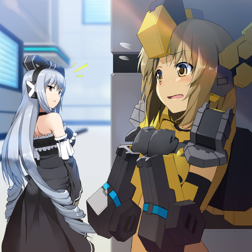 2girls, bare_shoulders, black_dress, blush, breasts, brown_eyes, brown_hair, cityscape