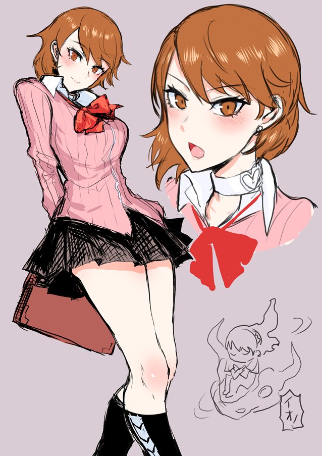 1girl, arms_behind_back, black_skirt, black_socks, blush, bow, bowtie, breasts
