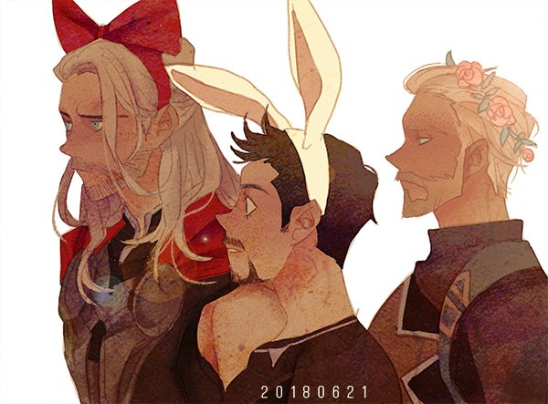 3boys, animal_ears, armor, avengers_(series), beard, black_shirt, blonde_hair, blue_bodysuit