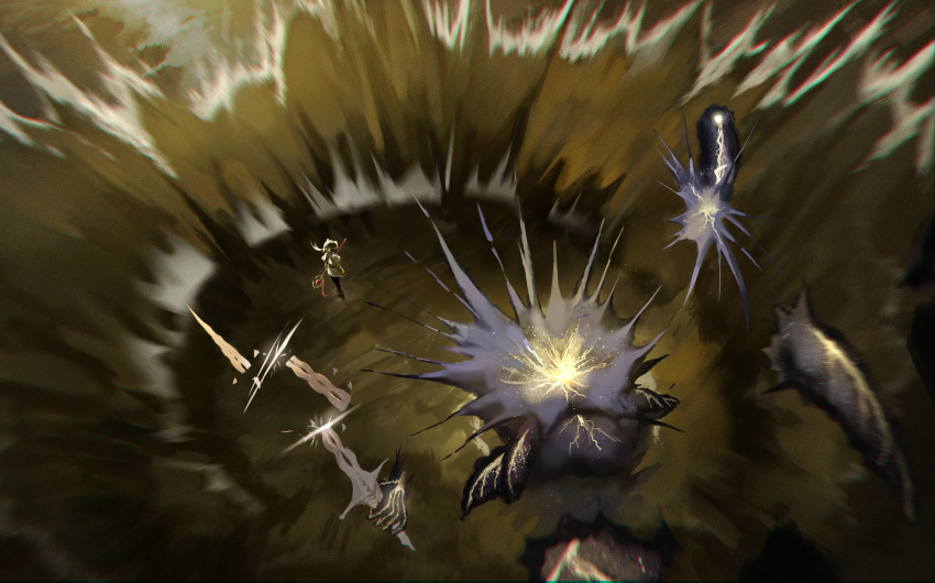 1girl, aura, commentary, dismemberment, dotthebot, elden_beast, elden_ring, explosion, frieren, highres, holding, holding_staff, motion_blur, sousou_no_frieren, staff, standing, sword, weapon, white_hair, wings