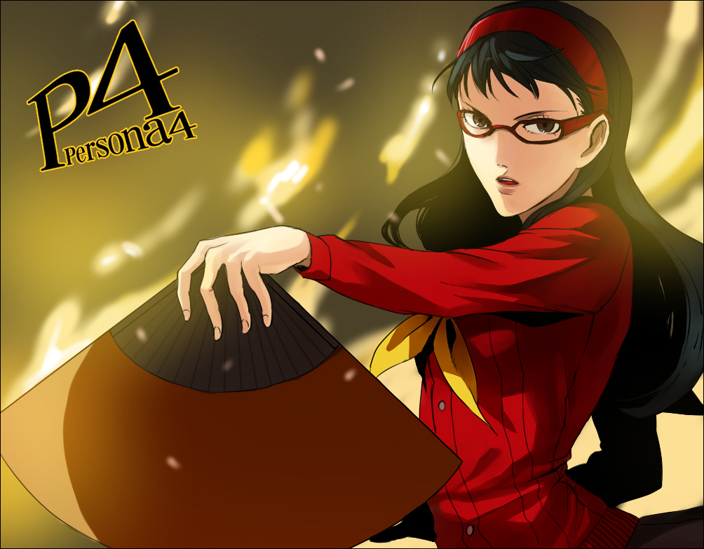 black_hair, brown_eyes, fan, glasses, persona, persona_4, whiteawing