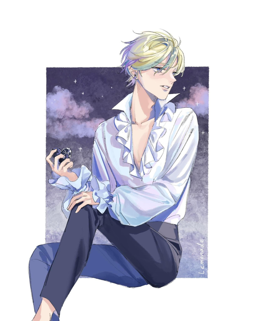 1boy, black_pants, blonde_hair, clouds, commentary_request, earrings, frilled_shirt, frills, heart, highres, holding, holding_heart, jewelry, looking_to_the_side, male_focus, night, night_sky, pants, pierre_tempete_de_neige, realemonade, shirt, shirt_tucked_in, sitting, sky, solo, sugar_sugar_rune, white_shirt