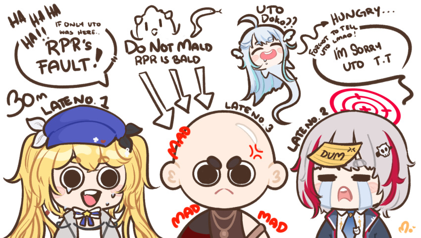 1boy, 3girls, amatsuka_uto, angel, angry, bald, black_skirt, blonde_hair, blue_hair, blue_hat, blue_jacket, blue_necktie, chibi, crying, dokibird_(vtuber), dtto., dtto._(2nd_costume), english_commentary, hair_ornament, hitominty, jacket, laughing, multicolored_hair, multiple_girls, necktie, redhead, reject_(esports), rpr, shirt, short_hair, skirt, skull_hair_ornament, twintails, utaite, virtual_youtuber, white_hair, white_shirt