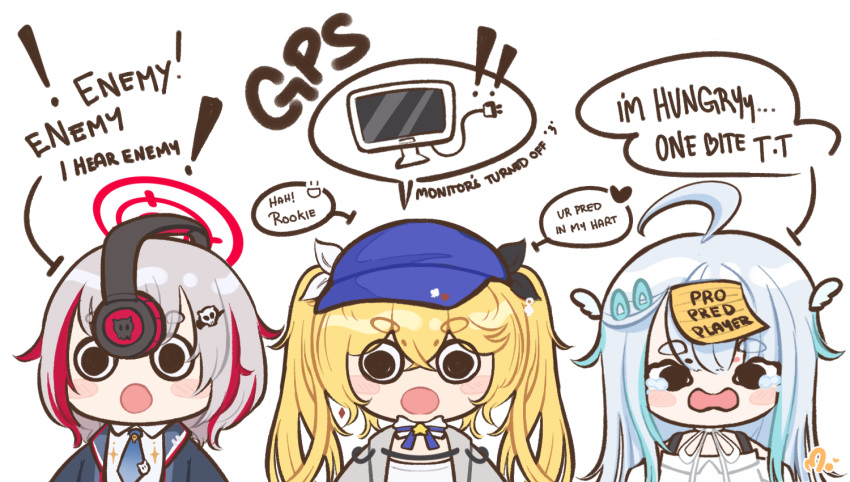 3girls, amatsuka_uto, assault_rifle, blonde_hair, blue_bow, blue_bowtie, blue_eyes, blue_hair, blue_hat, blue_jacket, blue_necktie, bow, bowtie, chibi, dokibird_(vtuber), dress, dtto., english_commentary, gun, hair_ornament, headphones, hitominty, indie_virtual_youtuber, jacket, light_blue_hair, long_hair, multicolored_hair, multiple_girls, necktie, open_mouth, red_eyes, redhead, reject_(esports), rifle, shirt, short_hair, skull_hair_ornament, twintails, utaite, virtual_youtuber, weapon, white_dress, white_hair, white_shirt