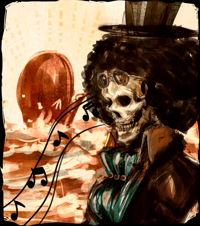 1boy, afro, animal, ascot, black_hair, black_hat, blue_ascot, brook_(one_piece)