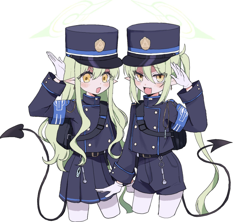 2girls, :d, arm_up, armband, bag, belt, black_belt, black_shirt, black_shorts, black_skirt, blue_archive, blue_armband, buttons, commentary_request, cowboy_shot, cropped_legs, demon_tail, double-breasted, earrings, fang, gloves, green_hair, green_halo, halo, hat, highlander_sidelocks_conductor_(blue_archive), highlander_twintails_conductor_(blue_archive), highres, ikhlh2, jewelry, long_hair, looking_at_viewer, multiple_girls, open_mouth, pantyhose, peaked_cap, pleated_skirt, shirt, shorts, shoulder_bag, sidelocks, simple_background, skin_fang, skirt, smile, tail, twintails, very_long_hair, white_background, white_gloves, white_pantyhose, yellow_eyes
