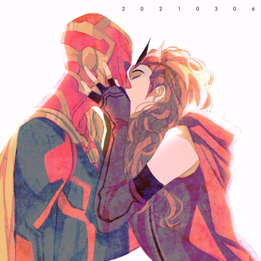 1boy, 1girl, bare_shoulders, black_gloves, bodysuit, cape, closed_eyes, colored_skin