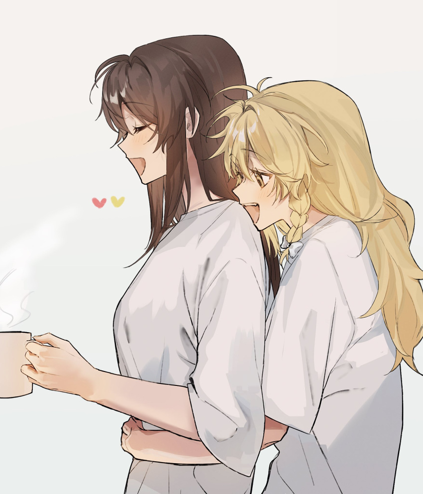 2girls, blonde_hair, blush, brown_hair, closed_eyes, coffee_mug, cup, hakurei_reimu, heart, highres, hug, hug_from_behind, kirisame_marisa, long_hair, mug, multiple_girls, open_mouth, saiki_(mumei_912), simple_background, teeth, touhou, upper_teeth_only, white_background, yellow_eyes, yuri