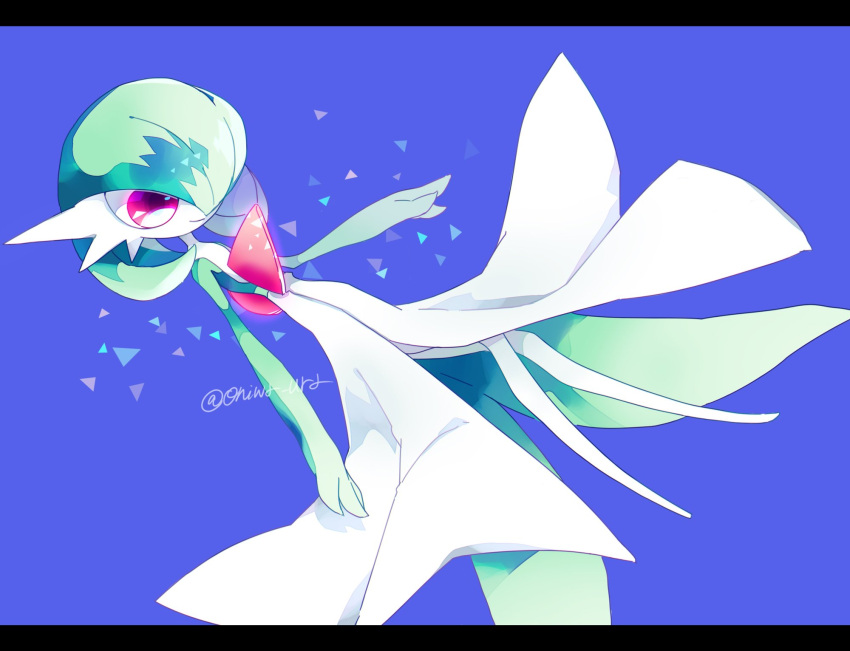 artist_name, blue_background, bob_cut, colored_skin, commentary_request, dress, gardevoir, green_hair