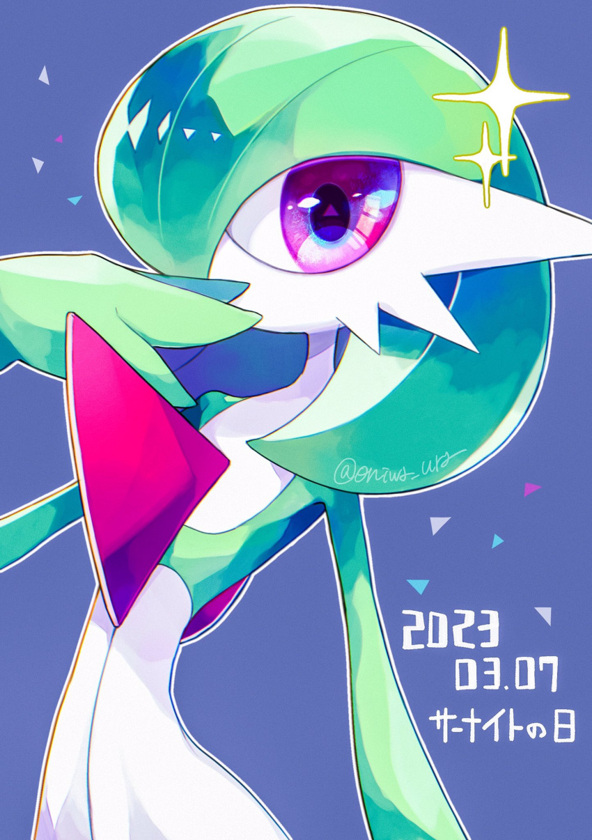artist_name, blue_background, bob_cut, colored_skin, covering_own_mouth, dress, gardevoir, gardevoir_day