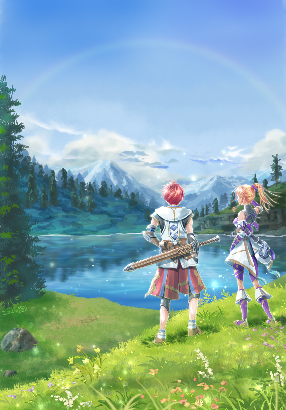 1boy, 1girl, adol_christin, ake_miyamura, axe, blonde_hair, blue_sky, clouds, commentary_request, full_body, high_ponytail, highres, karja_balta, mountain, on_grass, outdoors, pond, rainbow, redhead, rock, scenery, short_hair, sky, standing, sword, sword_on_back, tree, water, weapon, weapon_on_back, ys, ys_x_nordics