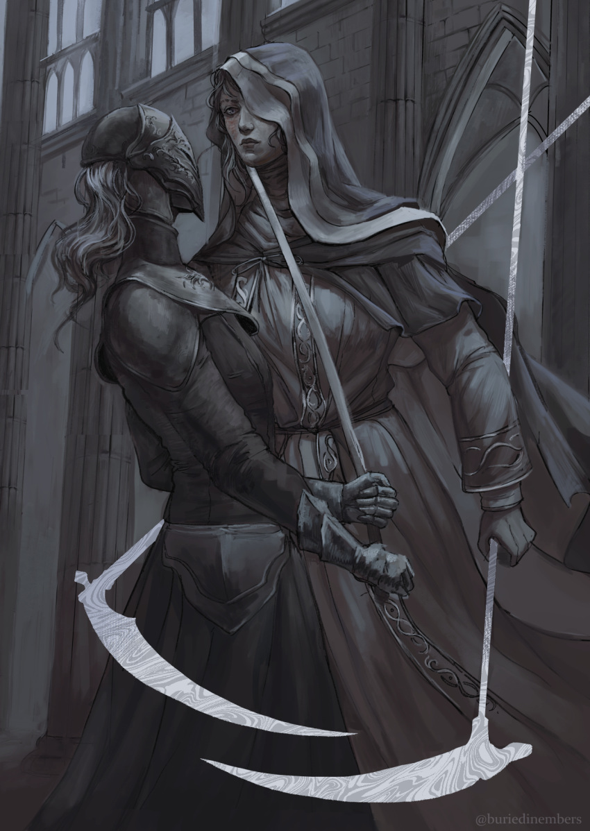 2girls, armor, armored_dress, black_dress, buriedinembers, cloak, covered_face, dark_souls_(series)