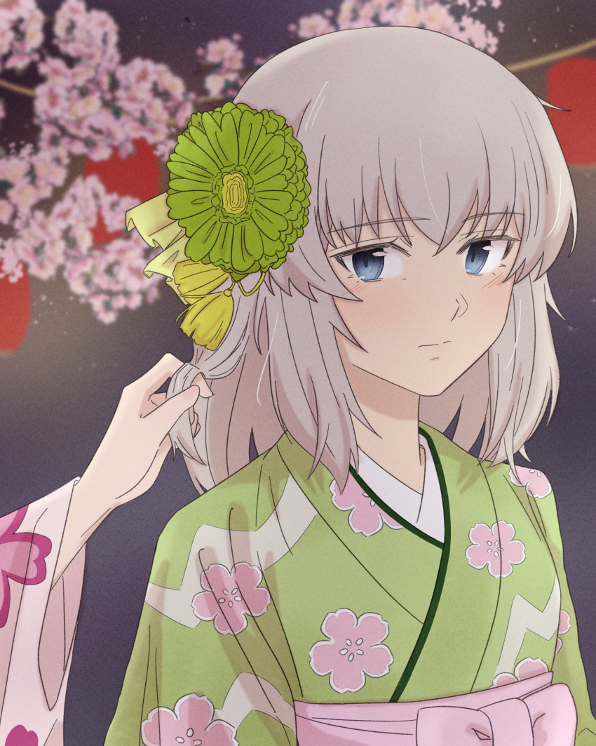 2girls, blonde_hair, blue_eyes, blush, cherry_blossoms, commentary, floral_print_kimono, flower