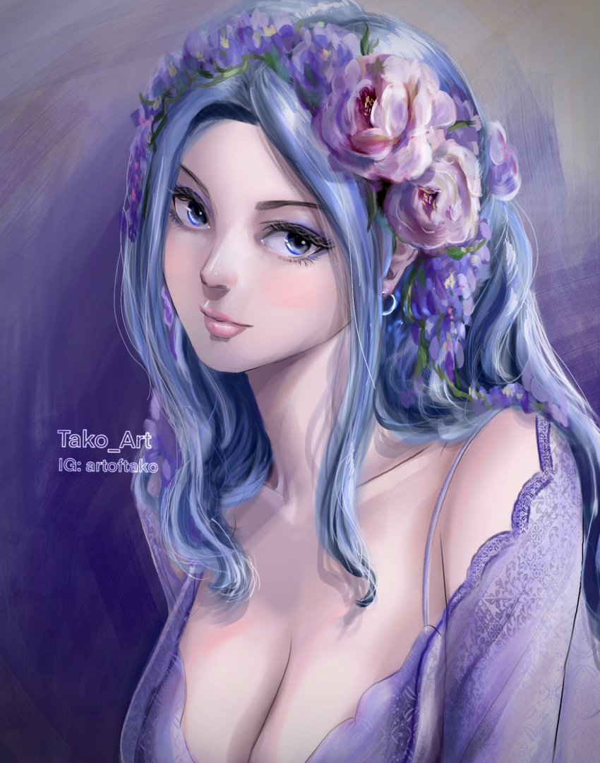 1girl, artist_name, blue_eyes, blue_hair, closed_mouth, commentary_request, earrings, flower, hair_flower, hair_ornament, highres, hoop_earrings, instagram_username, jewelry, long_hair, looking_at_viewer, nefertari_vivi, one_piece, smile, solo, stupidtako