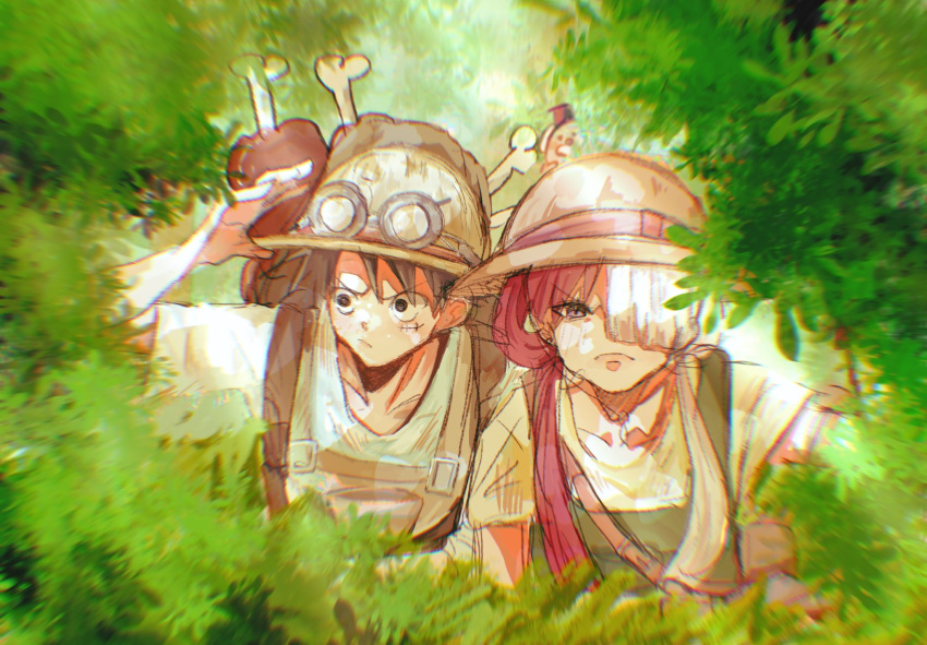 1boy, 1girl, arm_up, black_hair, commentary, food, forest, goggles