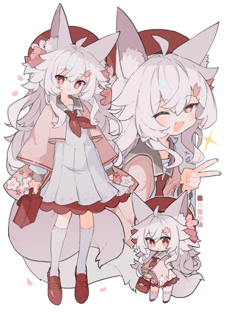 1girl, :3, ;d, ahoge, animal_ear_fluff, animal_ears, bag, beret, bow, bright_pupils, chibi, chibi_inset, color_guide, commission, cropped_jacket, cross-shaped_pupils, diamond-shaped_pupils, diamond_(shape), dress, floral_print, fox_ears, fox_girl, fox_tail, full_body, grey_background, hair_bow, hair_petal, hand_up, hat, holding, holding_bag, jacket, kasa_(hitori_sanka), kneehighs, loafers, long_hair, looking_at_viewer, multiple_views, neckerchief, one_eye_closed, open_clothes, open_jacket, open_mouth, original, pink_jacket, red_eyes, red_footwear, red_hat, red_neckerchief, shoes, sidelocks, simple_background, skeb_commission, smile, socks, sparkle, standing, symbol-shaped_pupils, tail, two-tone_background, v, wavy_hair, white_background, white_dress, white_hair, white_pupils, white_socks, wide_sleeves