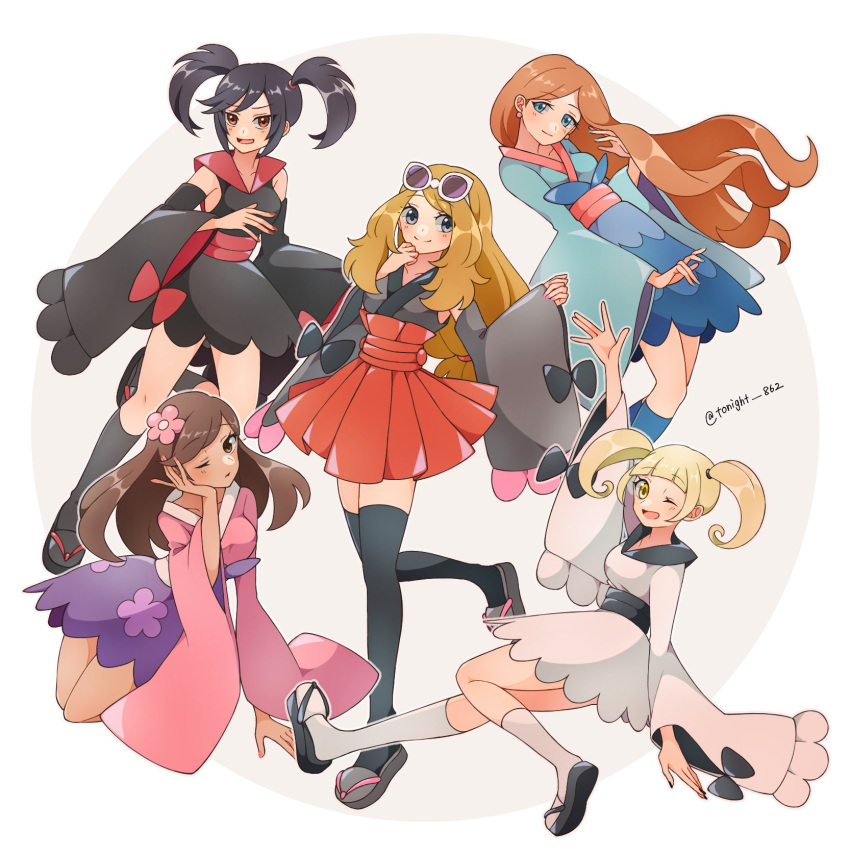 5girls, artist_name, black_dress, black_hair, black_socks, black_thighhighs, blonde_hair, blue_eyes