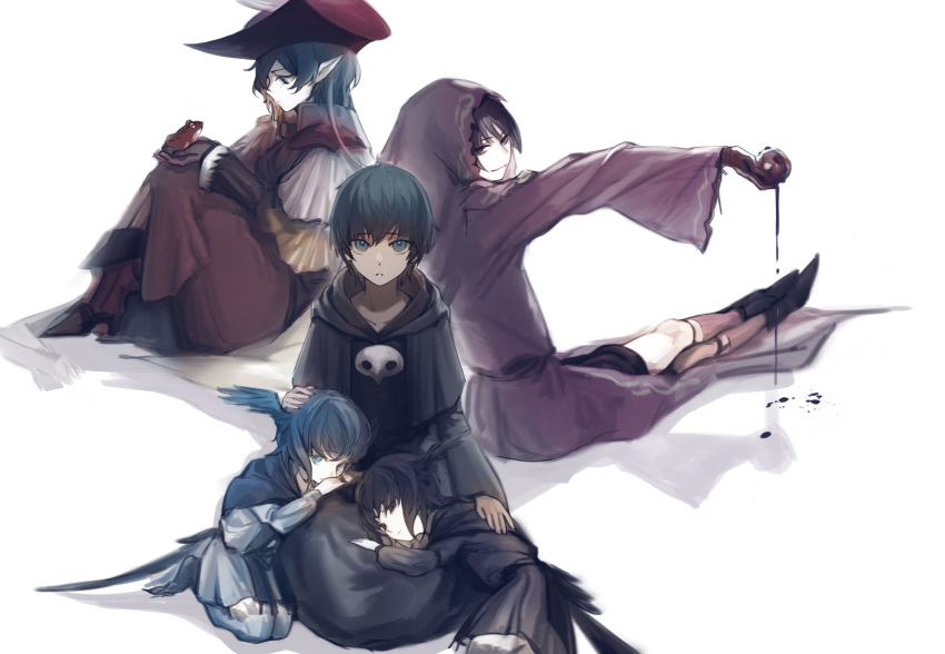 2girls, 3boys, amon_(ff14), animal, ankle_boots, bird_girl, bird_legs, bird_wings