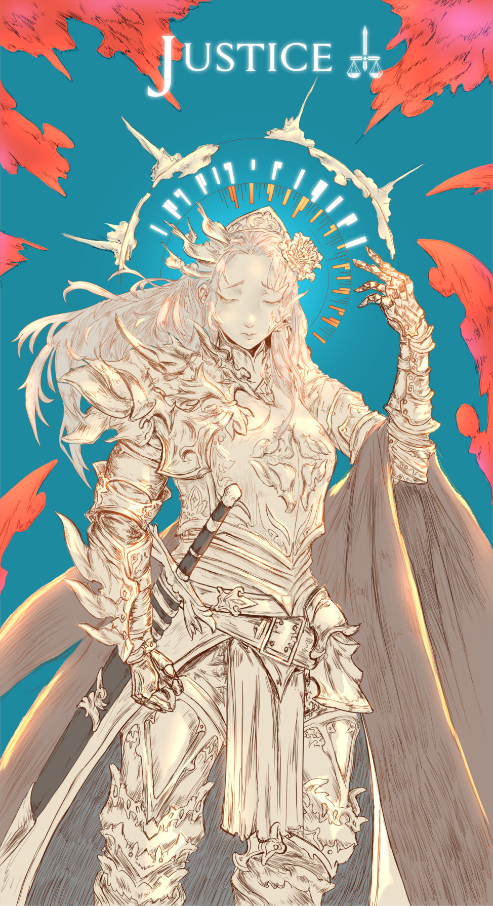 1girl, armor, blue_background, breastplate, closed_eyes, commentary, english_commentary, flower