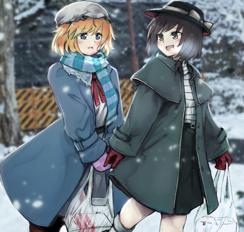 2girls, bag, black_skirt, blonde_hair, blue_scarf, brown_eyes, brown_hair, coat