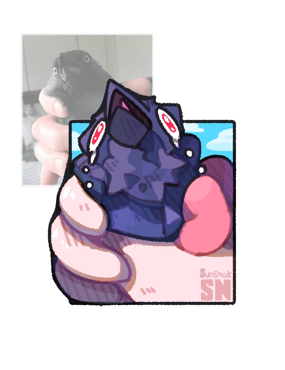artist_name, beak, bird, commentary, corviknight, crying, grabbing, highres